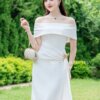 Váy Thiết Kế MDU5135 Lụa Mango Trắng Dáng Ôm Trễ Vai Đính Bướm Ánh Vàng Drape Eo Tinh Tế 9 vay thiet ke MDU5135 1 Mdu Fashion
