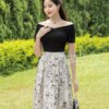 Váy Thiết Kế MDU5136 Xleo Phối Lụa Trễ Vai Dáng A-Line Hoa Vẽ Tay Nghệ Thuật 9 vay thiet ke MDU5136 1 Mdu Fashion