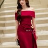 Váy Thiết Kế MDU5144 Lụa Mango Ý Đỏ Rượu Trễ Vai Phối Phụ Kiện Bướm Ánh Kim 9 vay thiet ke MDU5144 1 Mdu Fashion