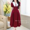 Váy Thiết Kế MDU5011 Chéo Tuyết Đỏ Đô Cổ Tròn Bẻ Phối Trắng Dáng Xòe Ly Tùng Nhẹ Nữ Tính