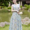 Váy Thiết Kế MDU5064 Tơ Xước Xanh Dương Nhạt Dài Xòe Nhẹ Chiết Eo Hoa Nhí