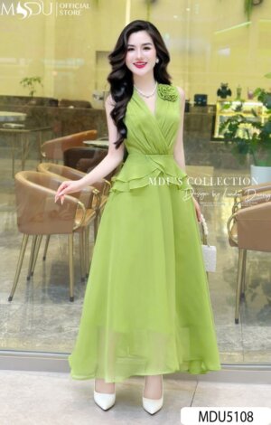 Váy Thiết Kế MDU5108 Tơ Nhũ Ánh Nhẹ Cổ V Đắp Chéo Eo Peplum Đính Hoa Vai