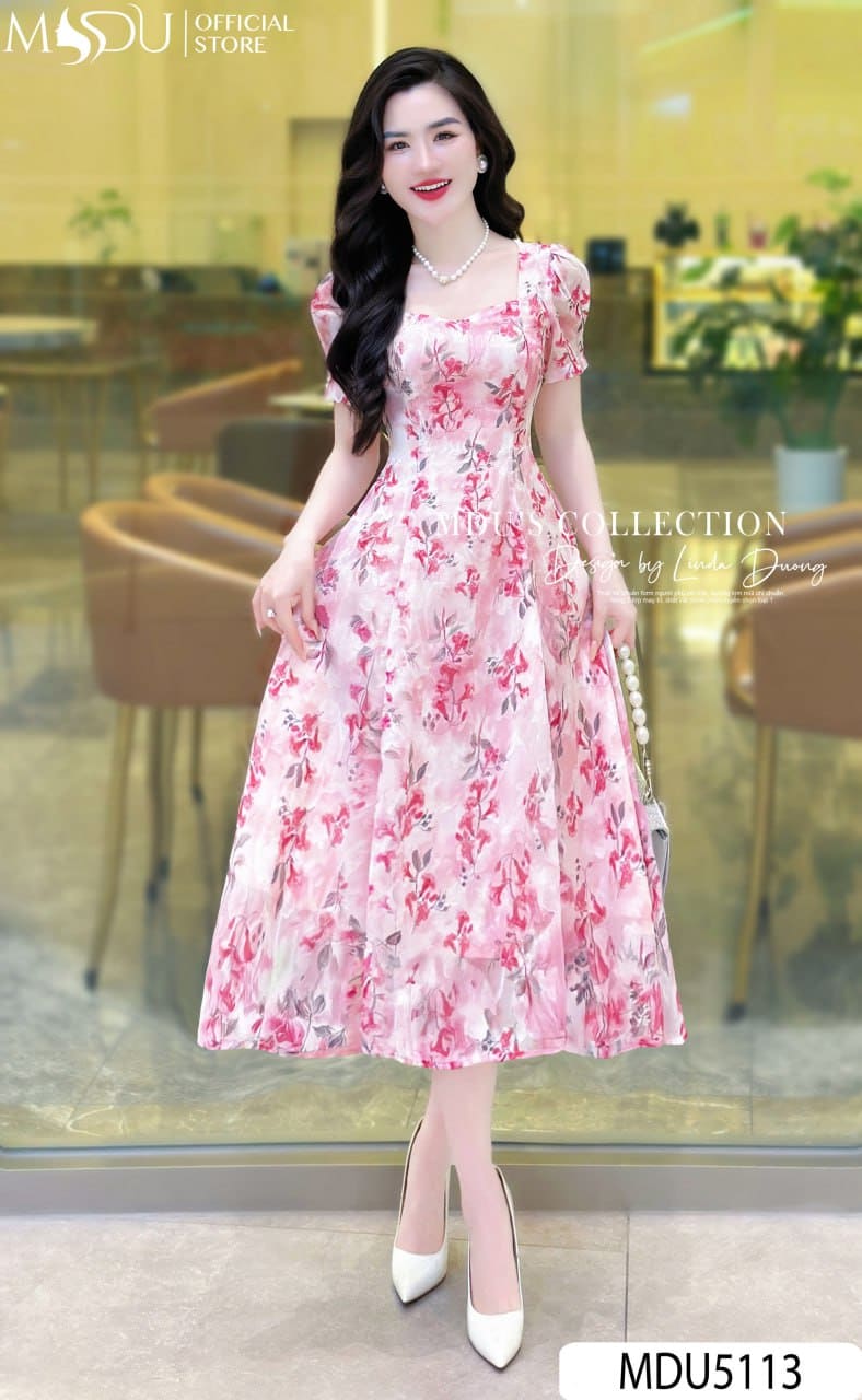 Váy Thiết Kế MDU5113 Tơ Ép Cao Cấp In Hoa Loang Hồng Pastel Dịu Dàng, Nữ Tính Và Tôn Dáng Tuyệt Đối 20 Váy thiết kế MDU5113