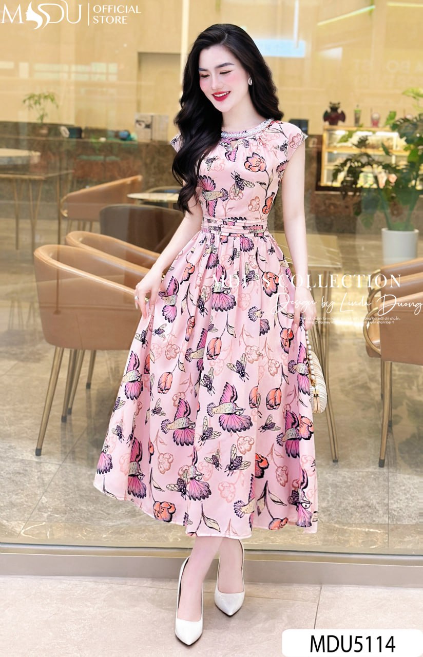 Váy Thiết Kế MDU5114 Lụa Mango Hồng Pastel In Bươm Bướm Bay Bổng, Trẻ Trung Và Tinh Tế 22 Váy Thiết Kế MDU5114 Lụa Mango Hồng Pastel In Bươm Bướm