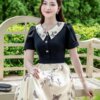 Váy Thiết Kế MDU5133 Lụa Mango Đen Phối Tơ Óng Trắng Họa Tiết Hoa Bướm Cổ Peter Pan Thêu Hoa Tinh Tế, Ngọt Ngào 12 vay thiet ke mdu5133 3 Mdu Fashion