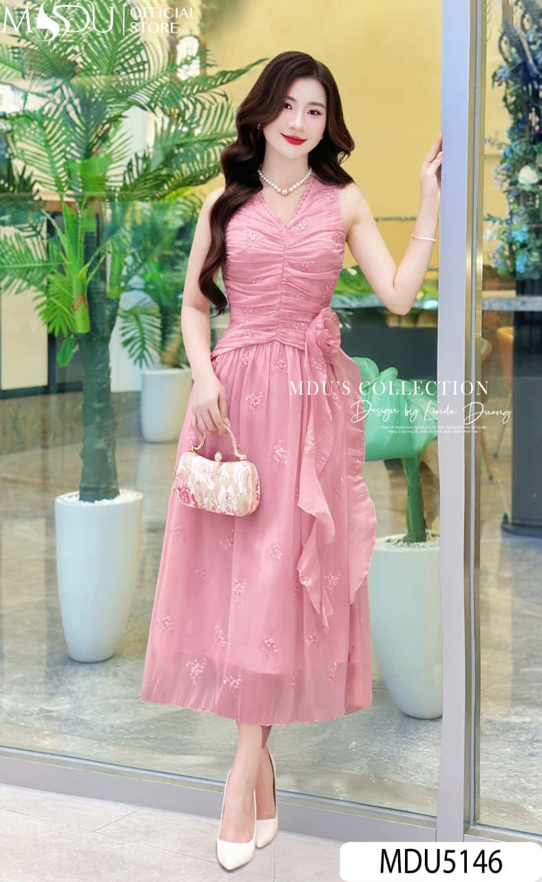 Váy Thiết Kế MDU5146 Tơ Vân Hàn Thêu Hoa Nổi 3D Dáng Midi Xòe Nhẹ Hoa Đính Eo Bay Bổng Lãng Mạn 20 Váy Thiết Kế MDU5146