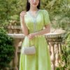 Váy Thiết Kế MDU5155 Tơ Nổi Cao Cấp Xanh Chanh Cổ V Đính Nẹp Pha Lê Dáng A Qua Gối Thanh Lịch 9 vay thiet ke mdu5155 1 Mdu Fashion