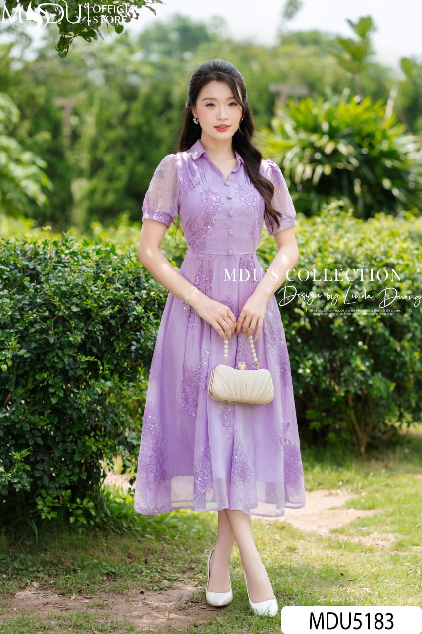 Váy Thiết Kế MDU5183 Tơ Hoa Thêu Nổi Cao Cấp Dáng Xòe Qua Gối Gam Tím Pastel Ngọt Ngào, Nữ Tính Và Duyên Dáng 19 Váy Thiết Kế MDU5183