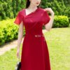 Váy Thiết Kế MDU5190 Tuyết Mưa Phối Tơ Óng Đỏ Ruby Dáng Xòe Qua Gối, Cổ Lệch Cách Điệu, Tôn Vẻ Đẹp Thanh Lịch Và Quyến Rũ 9 vay thiet ke mdu5190 1 Mdu Fashion