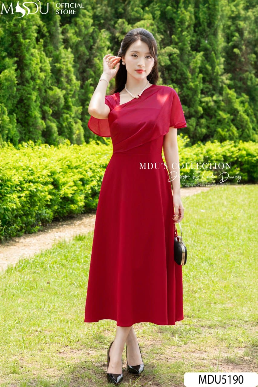 Váy Thiết Kế MDU5190 Tuyết Mưa Phối Tơ Óng Đỏ Ruby Dáng Xòe Qua Gối, Cổ Lệch Cách Điệu, Tôn Vẻ Đẹp Thanh Lịch Và Quyến Rũ 18 Váy Thiết Kế MDU5190