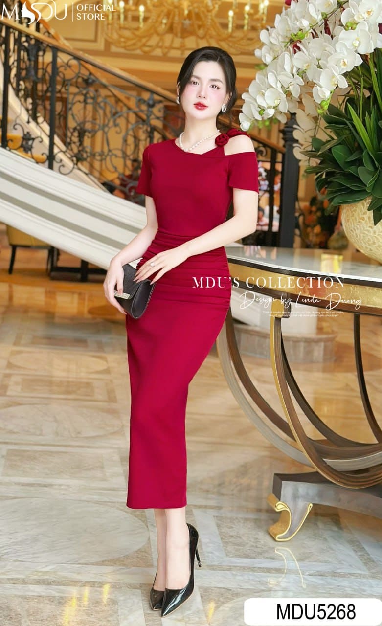 Váy Thiết Kế MDU5268 Borip Cao Cấp Ôm Dài Qua Gối Cổ Lệch Vai Đỏ Đô Sang Trọng Và Quyến Rũ 24 Váy Thiết Kế MDU5268
