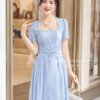 Váy Thiết Kế MDU5031 Tằm Nhật Thêu Nổi Xanh Pastel Dài Xòe Cổ Vuông Đai Eo Khuy Ngọc Thanh Lịch Và Nữ Tính 9 vay thiet ke mdu5031 1 Mdu Fashion