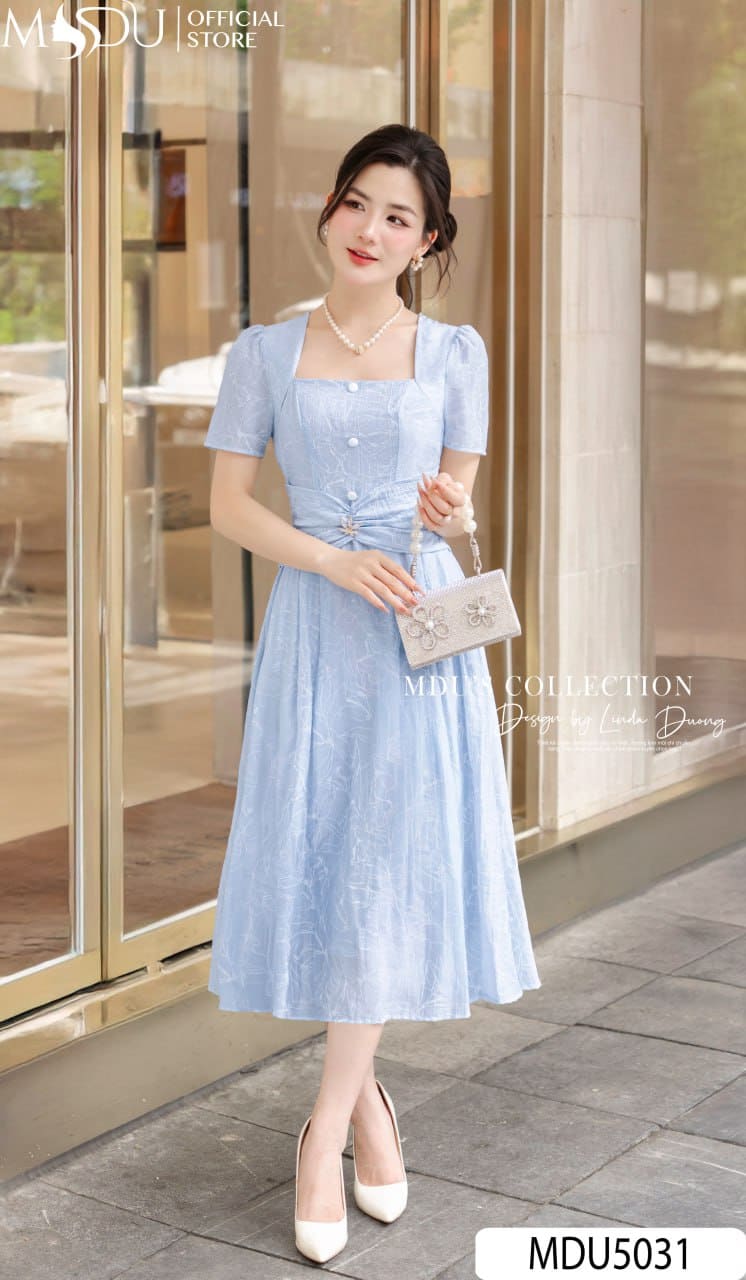 Váy Thiết Kế MDU5031 Tằm Nhật Thêu Nổi Xanh Pastel Dài Xòe Cổ Vuông Đai Eo Khuy Ngọc Thanh Lịch Và Nữ Tính 25 Váy Thiết Kế MDU5031