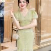 Váy Thiết Kế MDU5207 Tơ Xốp Xanh Cốm Dài Qua Gối Cổ V Chiết Eo Phối Tầng Duyên Dáng 9 vay thiet ke mdu5207 1 Mdu Fashion