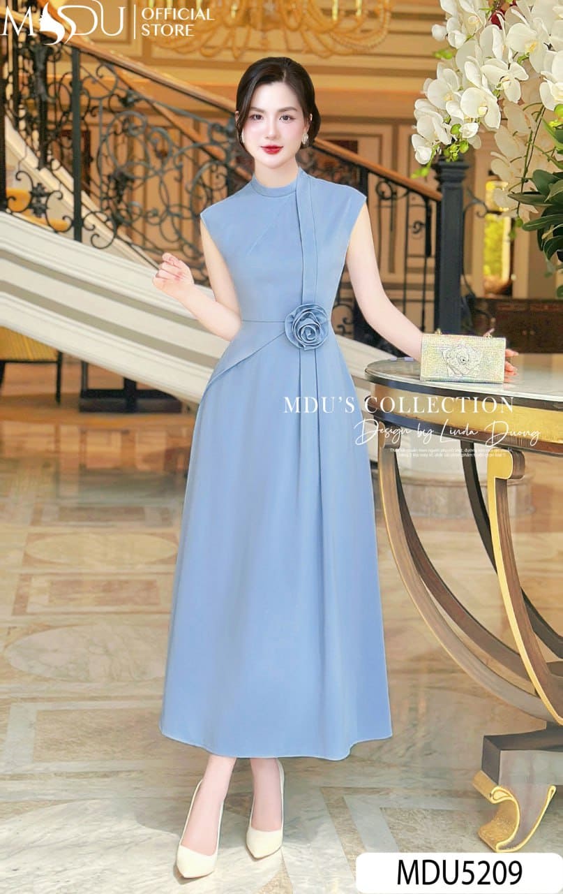 Váy Thiết Kế MDU5209 Mango Cao Cấp Xanh Pastel Dài Xòe Cổ Tròn Sát Nách Hoa Đính Eo Thanh Lịch Và Duyên Dáng 25 Váy Thiết Kế MDU5209