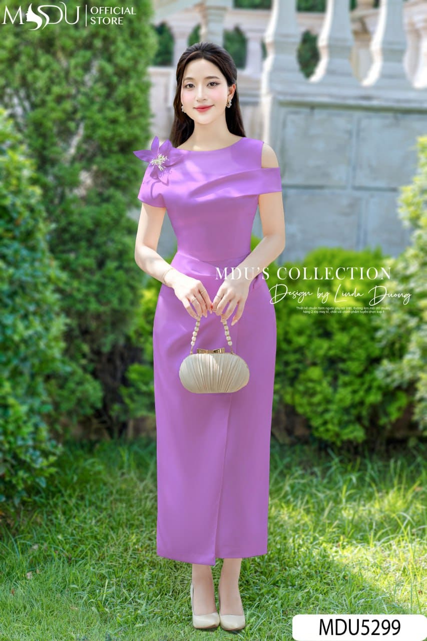 Váy Thiết Kế MDU5299 Lụa Twist Satin Vân Cao Cấp Dáng Dài Ôm Suông Lệch Vai Đính Hoa 3D Tím Pastel Ngọt Ngào 24 Váy Thiết Kế MDU5299