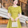 Váy Thiết Kế MDU5358 Tafta Vân Gỗ Vàng Cốm Dài Xòe Cổ Tròn Hoa 3D Thanh Lịch Và Rạng Rỡ 9 vay thiet ke mdu5358 1 Mdu Fashion