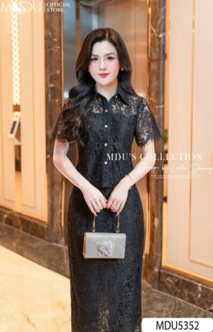 Alternative view of Set Thiết Kế MDU5352 Ren Hàn Đen Cao Cấp Áo Sơ Mi Cổ Bẻ Thanh Lịch & Chân Váy Midi 2 Lớp Duyên Dáng