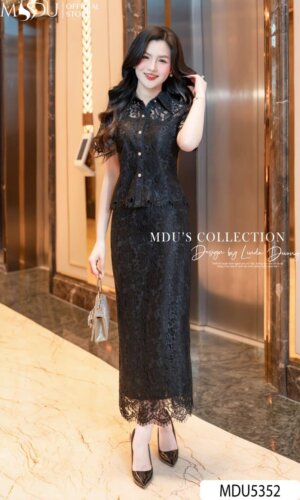 Set Thiết Kế MDU5352 Ren Hàn Đen Cao Cấp Áo Sơ Mi Cổ Bẻ Thanh Lịch & Chân Váy Midi 2 Lớp Duyên Dáng