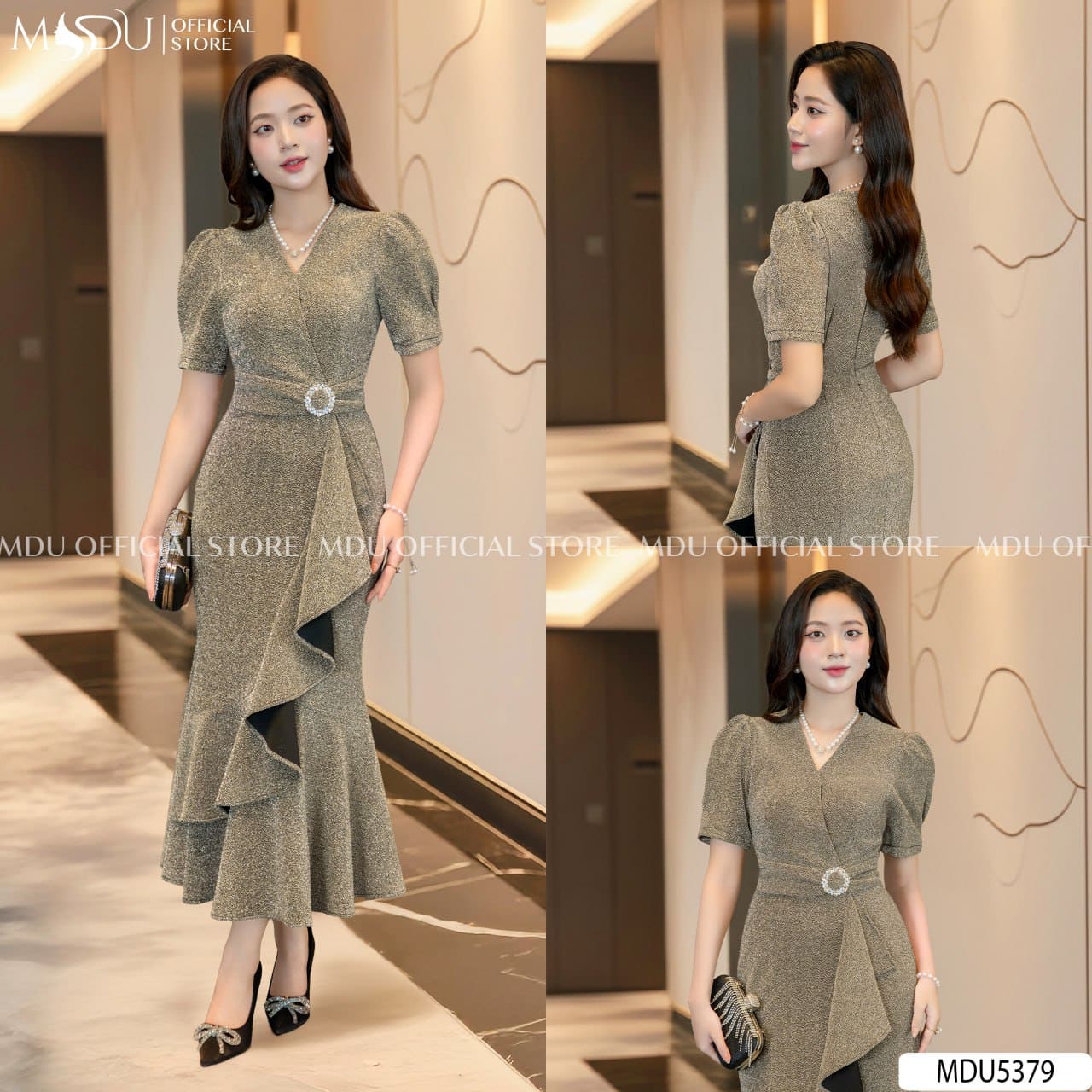 Váy Thiết Kế MDU5379 Vải Nhũ Kim Sa Vàng Kim Tuyến Dáng Ôm Thanh Lịch Đai Đá & Bèo Xếp Tầng Tôn Dáng 7 Váy Thiết Kế MDU5379 Vải Nhũ Kim Sa Vàng Kim Tuyến Dáng Ôm Thanh Lịch Đai Đá & Bèo Xếp Tầng Tôn Dáng - Ảnh 5