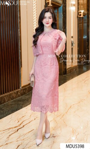 Váy Thiết Kế MDU5398 Ren Hàn Hồng Ngọt Ngào Áo Khoác Lửng Giả Hoa Đính Tinh Xảo