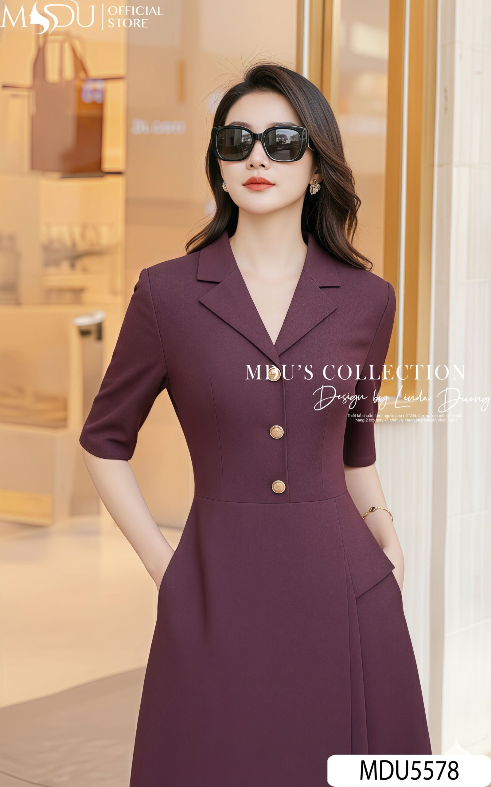 Váy Thiết Kế MDU5578 Mango Ý Dáng Xòe Midi Cổ Vest Tím Mận Quý Phái 4 Váy Thiết Kế MDU5578 Mango Ý Dáng Xòe Midi Cổ Vest Tím Mận Quý Phái - Ảnh 2