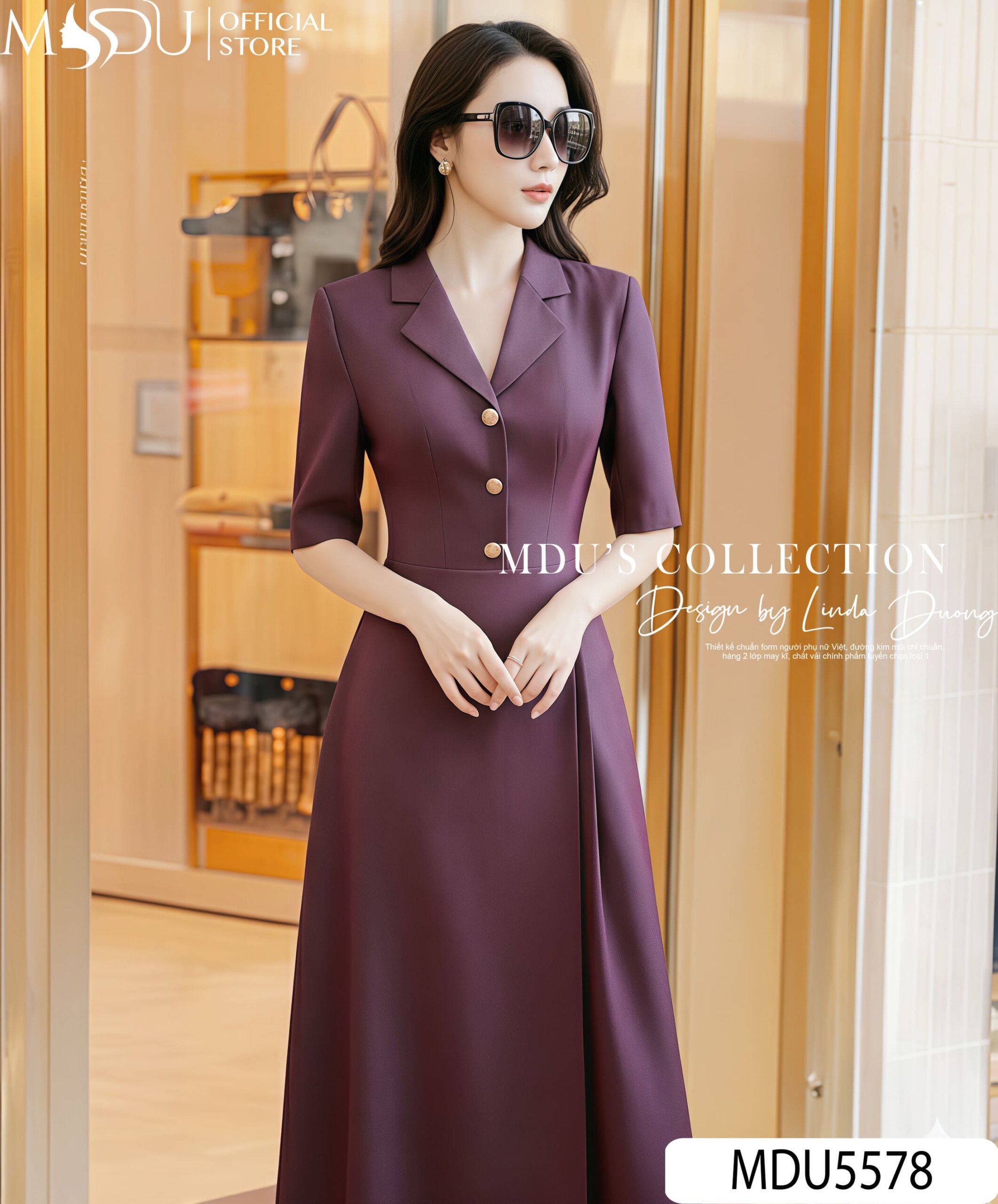 Váy Thiết Kế MDU5578 Mango Ý Dáng Xòe Midi Cổ Vest Tím Mận Quý Phái 5 Váy Thiết Kế MDU5578 Mango Ý Dáng Xòe Midi Cổ Vest Tím Mận Quý Phái - Ảnh 3