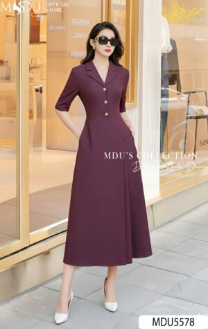 Váy Thiết Kế MDU5578 Mango Ý Dáng Xòe Midi Cổ Vest Tím Mận Quý Phái