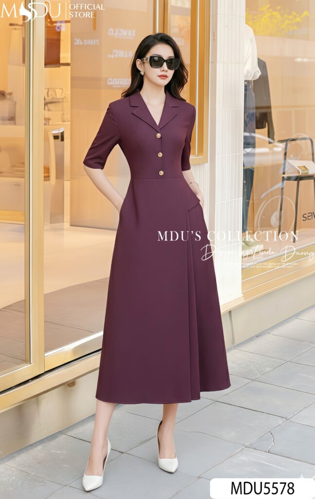 Váy Thiết Kế MDU5578 Mango Ý Dáng Xòe Midi Cổ Vest Tím Mận Quý Phái 25 Váy Thiết Kế MDU5578 Mango Ý Dáng Xòe Midi Cổ Vest Tím Mận Quý Phái