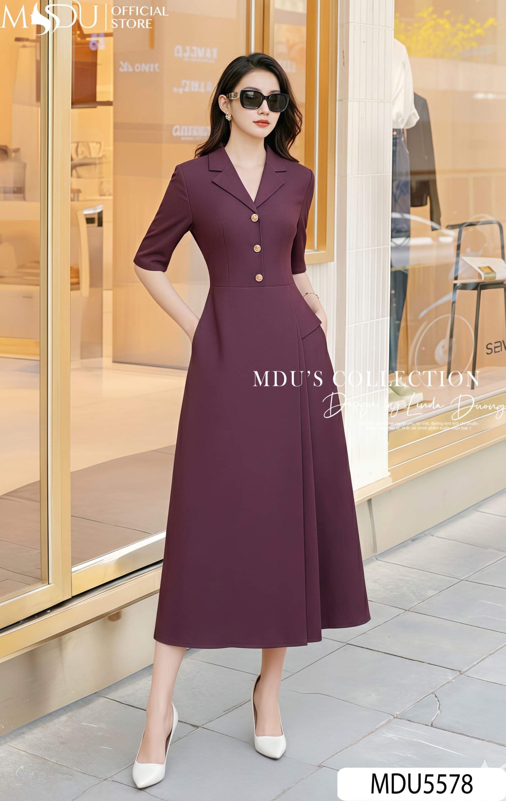 Váy Thiết Kế MDU5578 Mango Ý Dáng Xòe Midi Cổ Vest Tím Mận Quý Phái