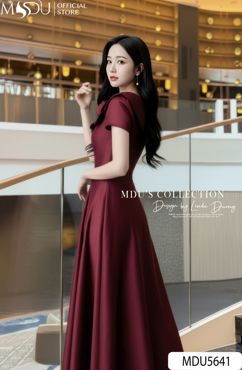 Váy Thiết Kế MDU5641 Lụa Vân Ép Mùng Đỏ Rượu Vang Dáng Xòe Cổ Sen Hoa Đính Thanh Lịch 5 Váy Thiết Kế MDU5641 Lụa Vân Ép Mùng Đỏ Rượu Vang Dáng Xòe Cổ Sen Hoa Đính Thanh Lịch - Ảnh 3