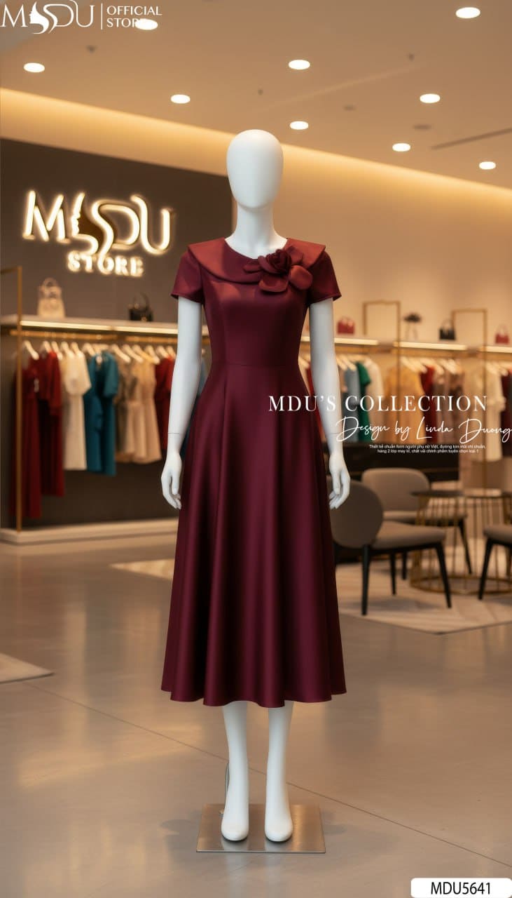 Váy Thiết Kế MDU5641 Lụa Vân Ép Mùng Đỏ Rượu Vang Dáng Xòe Cổ Sen Hoa Đính Thanh Lịch 6 Váy Thiết Kế MDU5641 Lụa Vân Ép Mùng Đỏ Rượu Vang Dáng Xòe Cổ Sen Hoa Đính Thanh Lịch - Ảnh 4