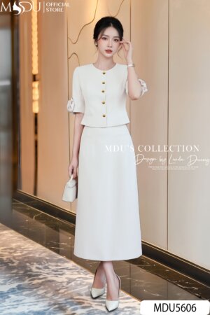 Váy Thiết Kế MDU5606 Gold Hàn Cao Cấp Màu Trắng – Thanh Khiết, Tinh Tế Và Sang Trọng