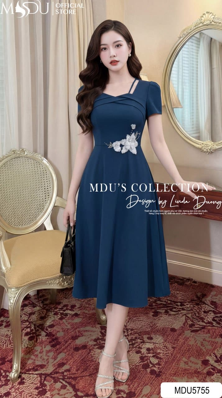 Váy Thiết Kế MDU5755 Gold Nhật Cao Cấp Dáng Xòe Thanh Lịch Hoa Thủ Công Tinh Tế