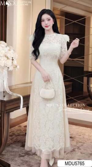 Áo Dài Thiết Kế MDU5765 Ren Nổi Cao Cấp Phối Lưới Áo Choàng Lông Ngọc Sang Trọng