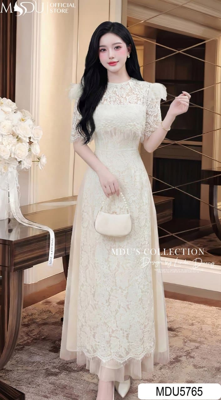 Áo Dài Thiết Kế MDU5765 Ren Nổi Cao Cấp Phối Lưới Áo Choàng Lông Ngọc Sang Trọng