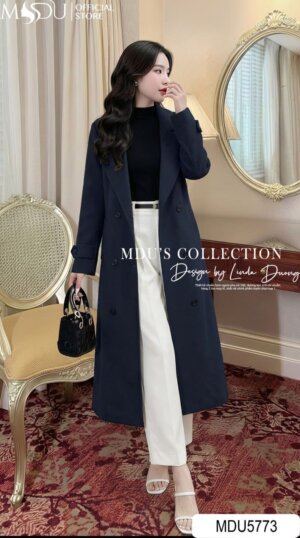 Áo Măng Tô Thiết Kế MDU5773 Chéo Thái Xanh Than Cổ Vest Thanh Lịch Đai Eo Tinh Tế