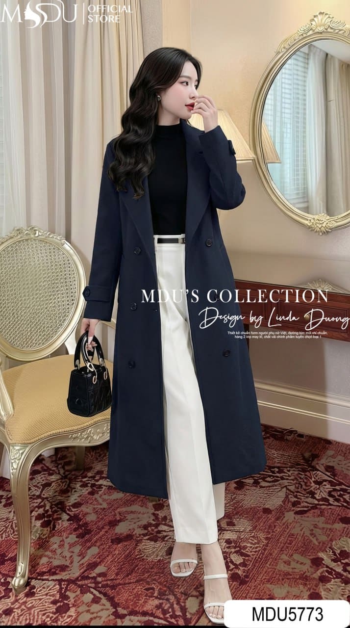 Áo Măng Tô Thiết Kế MDU5773 Chéo Thái Xanh Than Cổ Vest Thanh Lịch Đai Eo Tinh Tế