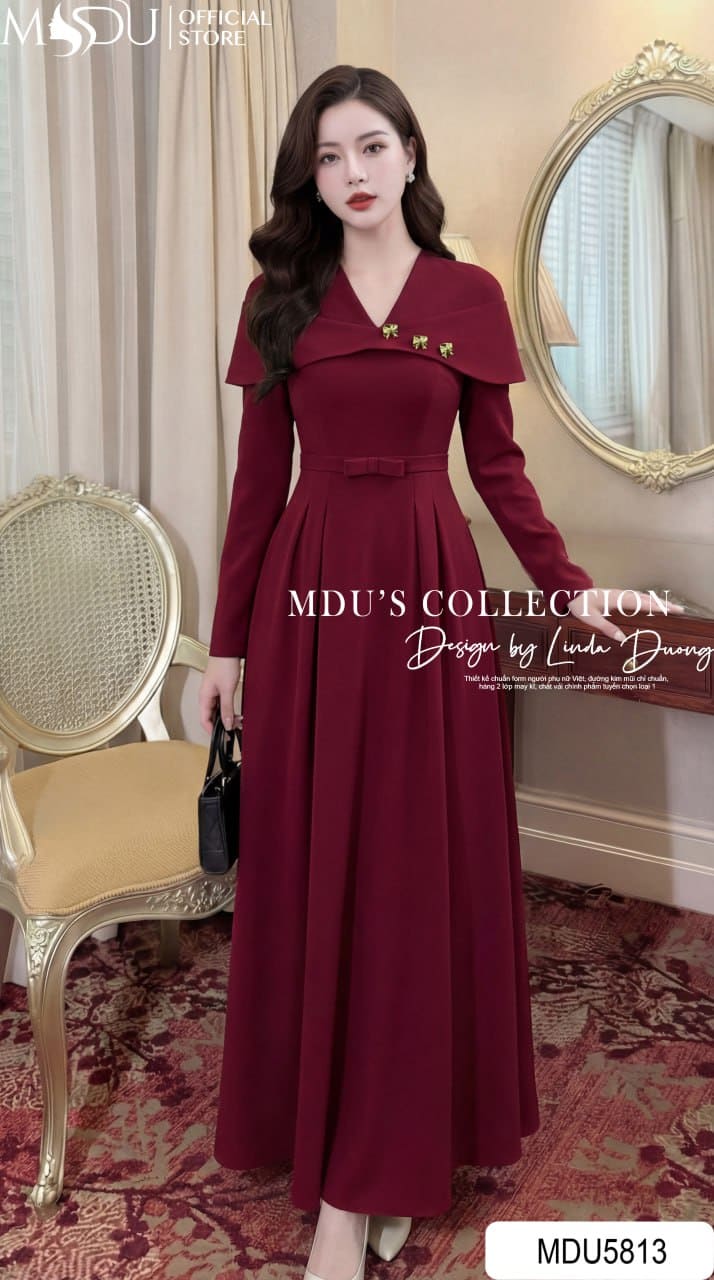 Váy Thiết Kế MDU5813 Gold Nhật Đỏ Đô Dáng Xòe Midi Choàng Vai Liền Nơ Eo Thanh Lịch