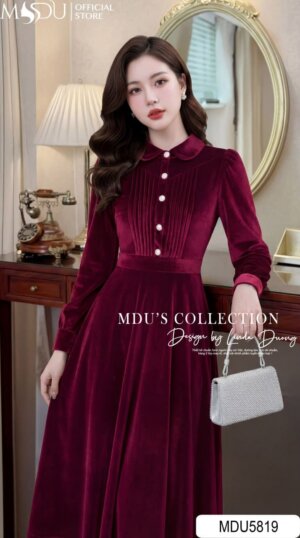 Alternative view of Váy Thiết Kế MDU5819 Nhung Hàn Đỏ Đô Dáng Xòe Cổ Sơ Mi Cúc Ngọc Trai Thanh Lịch