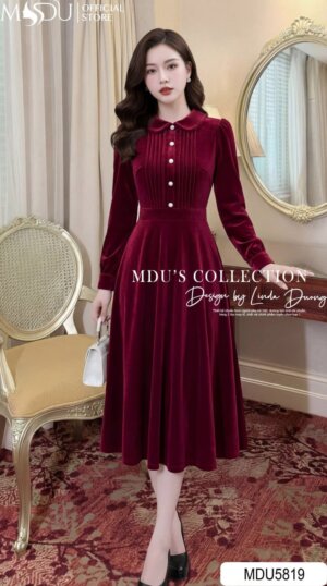 Váy Thiết Kế MDU5819 Nhung Hàn Đỏ Đô Dáng Xòe Cổ Sơ Mi Cúc Ngọc Trai Thanh Lịch