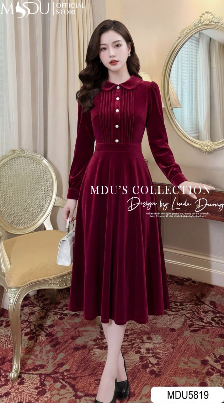 Váy Thiết Kế MDU5819 Nhung Hàn Đỏ Đô Dáng Xòe Cổ Sơ Mi Cúc Ngọc Trai Thanh Lịch