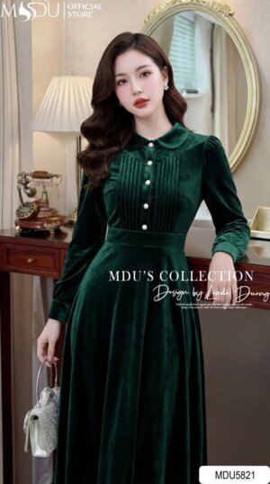 Alternative view of Váy Thiết Kế MDU5821 Nhung Hàn Xanh Rêu Đậm Dáng Xòe Cổ Sơ Mi Cúc Ngọc Trai Thanh Lịch