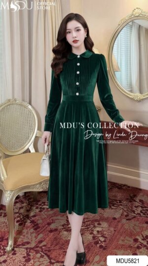 Váy Thiết Kế MDU5821 Nhung Hàn Xanh Rêu Đậm Dáng Xòe Cổ Sơ Mi Cúc Ngọc Trai Thanh Lịch