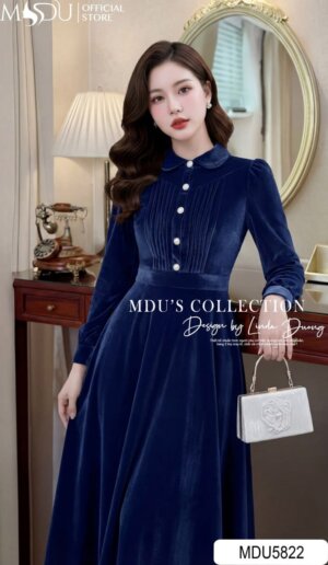Alternative view of Váy Thiết Kế MDU5822 Nhung Hàn Xanh Navy Dáng Xòe Cổ Sơ Mi Cúc Ngọc Trai Thanh Lịch