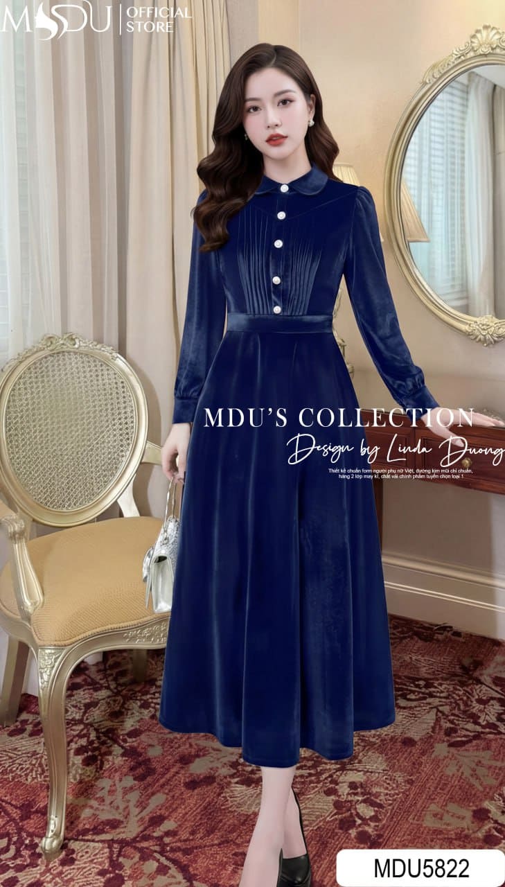 Váy Thiết Kế MDU5822 Nhung Hàn Xanh Navy Dáng Xòe Cổ Sơ Mi Cúc Ngọc Trai Thanh Lịch