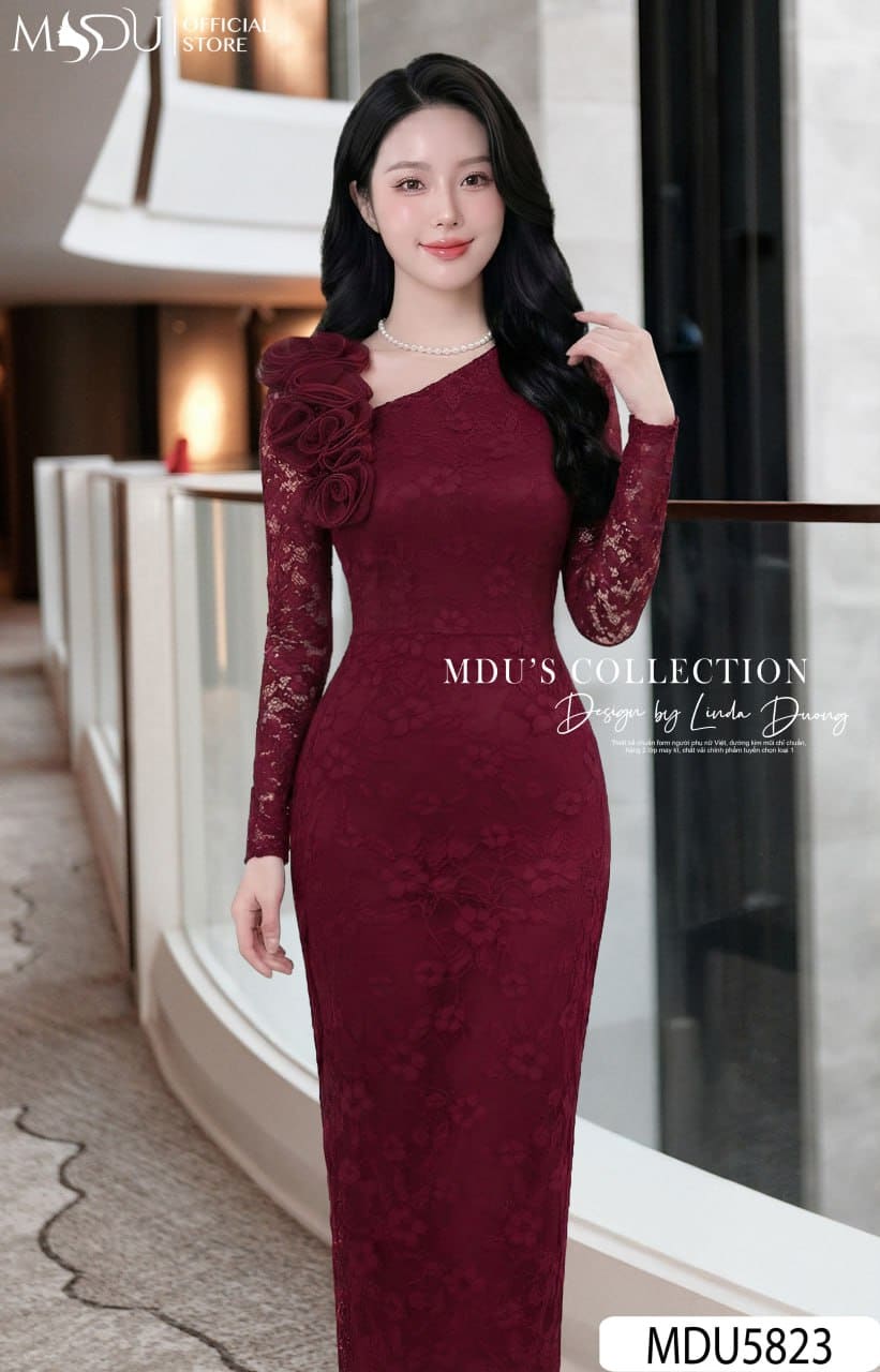 Váy Thiết Kế MDU5823 Ren Nổi Đỏ Rượu Vang Dáng Ôm Dài Xẻ Tà Hoa Thủ Công Quyến Rũ 5 Váy Thiết Kế MDU5823 Ren Nổi Đỏ Rượu Vang Dáng Ôm Dài Xẻ Tà Hoa Thủ Công Quyến Rũ - Ảnh 3