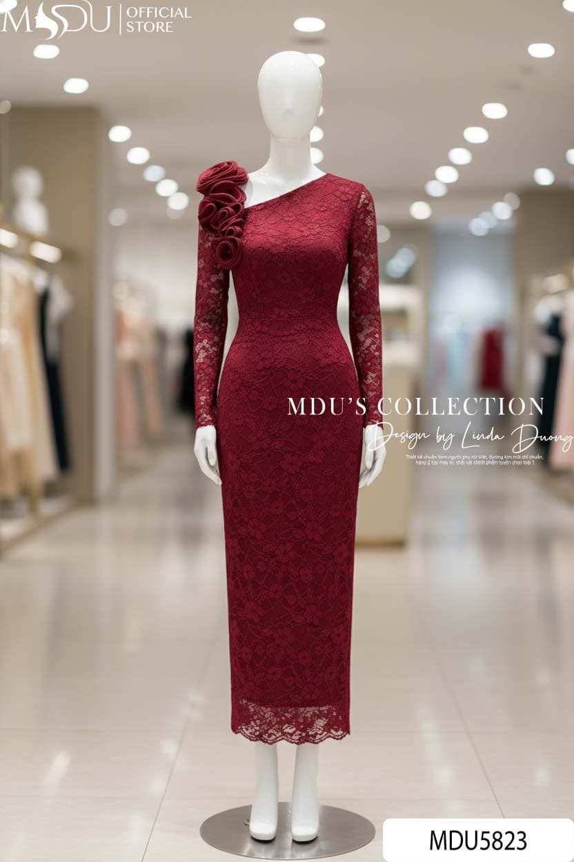 Váy Thiết Kế MDU5823 Ren Nổi Đỏ Rượu Vang Dáng Ôm Dài Xẻ Tà Hoa Thủ Công Quyến Rũ 6 Váy Thiết Kế MDU5823 Ren Nổi Đỏ Rượu Vang Dáng Ôm Dài Xẻ Tà Hoa Thủ Công Quyến Rũ - Ảnh 4