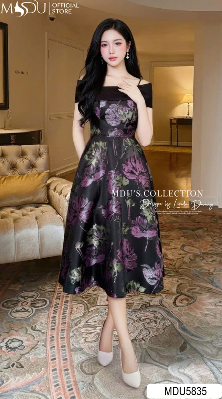 Váy Thiết Kế MDU5835 Lụa Vân Nổi Dáng Xòe Vai Chéo Đính Đá Sang Trọng