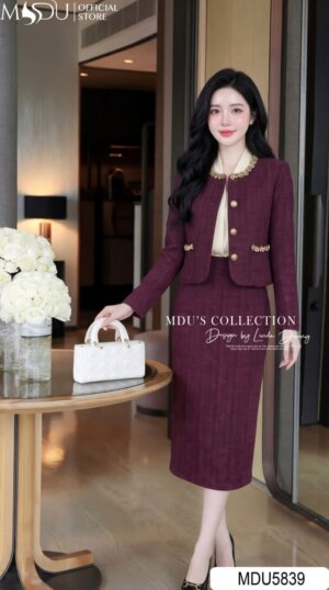 Set Thiết Kế MDU5839 Dạ Tweed Tím Áo Khoác Ngắn Đính Ngọc Chân Váy Midi Xẻ Tà Thanh Lịch